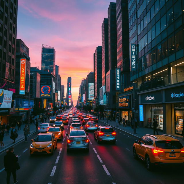 A vibrant city street at dusk, bustling with life and activity