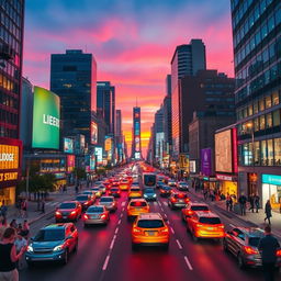 A vibrant city street at dusk, bustling with life and activity