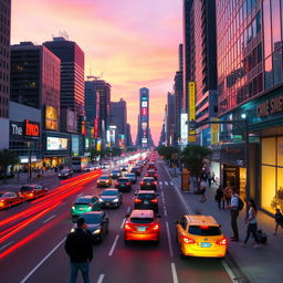 A vibrant city street at dusk, bustling with life and activity