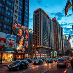 A dynamic city street that amalgamates architectural styles and cultural elements from Belarus, Ukraine, and Russia