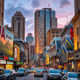 A dynamic city street that amalgamates architectural styles and cultural elements from Belarus, Ukraine, and Russia