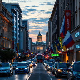 A vibrant city street celebrating the cultures of Belarus, Ukraine, and Russia