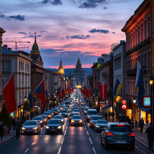 A vibrant city street celebrating the cultures of Belarus, Ukraine, and Russia