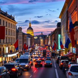 A vibrant city street celebrating the cultures of Belarus, Ukraine, and Russia