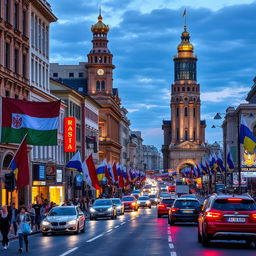 A vibrant city street celebrating the cultures of Belarus, Ukraine, and Russia