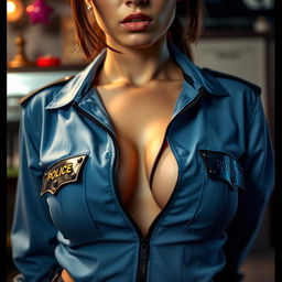 A close-up shot focusing on a brunette with a large chest, wearing an unzipped blue police costume featuring shiny black collar and pockets