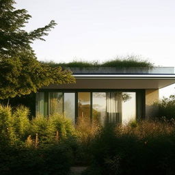 A modern house with sleek lines, glass walls, and a well-maintained garden in the daylight