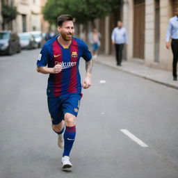 Lionel Messi dressed in simple, non-expensive clothes, looking modest yet happy, playing football in a street setting.