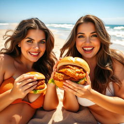 Two voluptuous women with brown hair and green eyes, lying by the beach