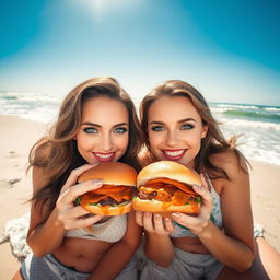 Two voluptuous women with brown hair and green eyes, lying by the beach