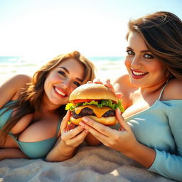 Two voluptuous women with brown hair and green eyes, lying by the beach