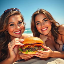 Two voluptuous women with brown hair and green eyes, lying by the beach