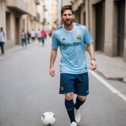 Lionel Messi dressed in simple, non-expensive clothes, looking modest yet happy, playing football in a street setting.