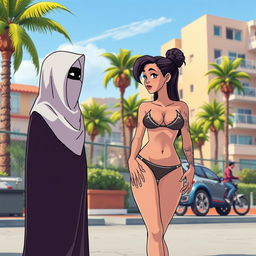 A stylized urban environment from a video game, featuring two beautiful white-skinned women in conversation