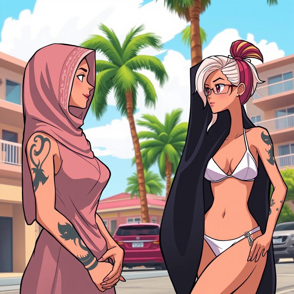 A stylized urban environment from a video game, featuring two beautiful white-skinned women in conversation