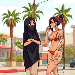 A stylized urban environment from a video game, featuring two beautiful white-skinned women in conversation