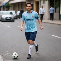 Lionel Messi dressed in simple, non-expensive clothes, looking modest yet happy, playing football in a street setting.