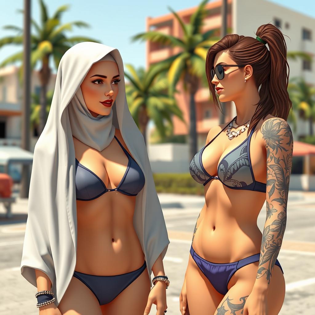 A stylized video game scene featuring two white-skinned women