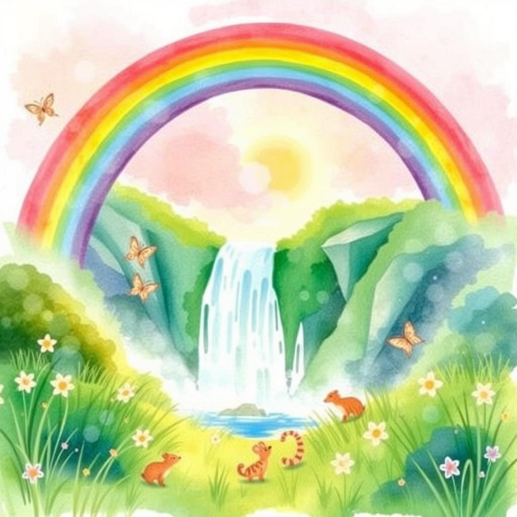 A vibrant rainbow arching over a majestic waterfall, surrounded by lush greenery