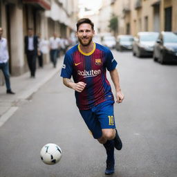 Lionel Messi dressed in simple, non-expensive clothes, looking modest yet happy, playing football in a street setting.