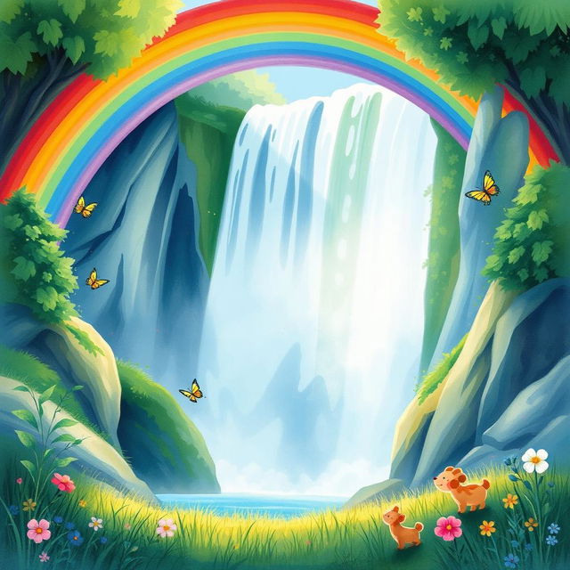 A vibrant rainbow arching over a majestic waterfall, surrounded by lush greenery