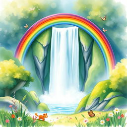 A vibrant rainbow arching over a majestic waterfall, surrounded by lush greenery