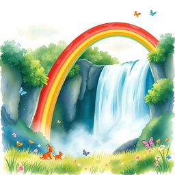 A vibrant rainbow arching over a majestic waterfall, surrounded by lush greenery