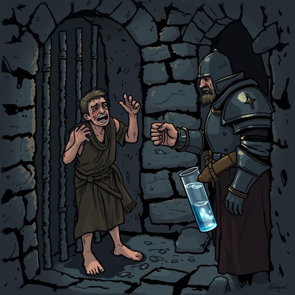 A prisoner in a medieval dungeon, desperately pleading with a guard for a sip of water