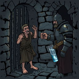 A prisoner in a medieval dungeon, desperately pleading with a guard for a sip of water