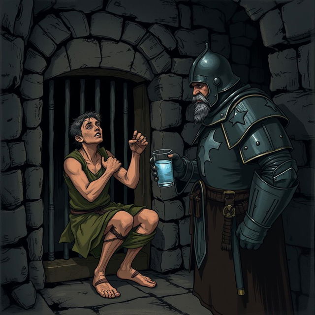 A prisoner in a medieval dungeon, desperately pleading with a guard for a sip of water