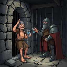 A prisoner in a medieval dungeon, desperately pleading with a guard for a sip of water