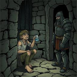 A prisoner in a medieval dungeon, desperately pleading with a guard for a sip of water