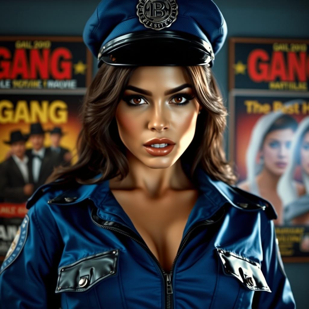 close-up on a gorgeous brunette with a large chest and cleavage, wearing an unzipped blue police costume featuring shiny black collar and pockets