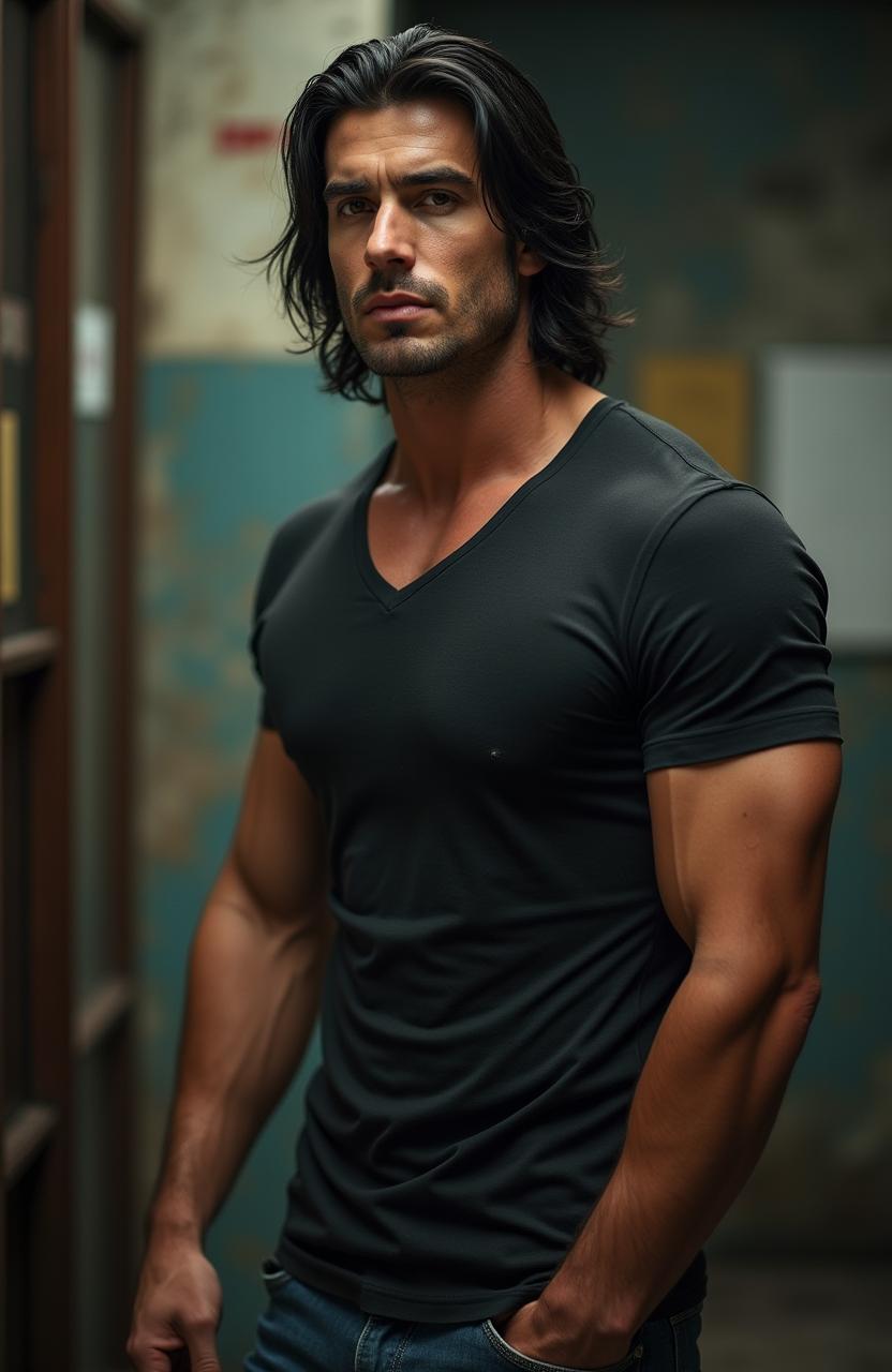 A handsome Caucasian man, 32 years old, showcasing a sexy, masculine appearance, portrayed as tall and a solid wall of muscle