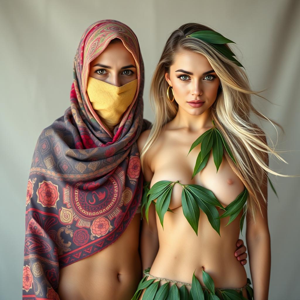 Two women with white skin, one Middle-Eastern wearing a colorful burqa, expressing beauty and wlw vibes, the other a 35-year-old slim, chesty European woman featuring mixed hairstyle