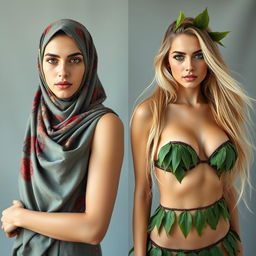 Two women with white skin, one Middle-Eastern wearing a colorful burqa, expressing beauty and wlw vibes, the other a 35-year-old slim, chesty European woman featuring mixed hairstyle