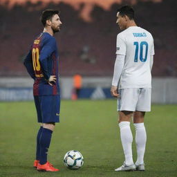 Lionel Messi and Cristiano Ronaldo sharing an amicable moment on a football pitch with a sunset in the backdrop.