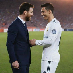 Lionel Messi and Cristiano Ronaldo sharing an amicable moment on a football pitch with a sunset in the backdrop.