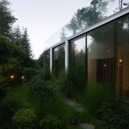 A modern house with sleek lines, glass walls, and a well-maintained garden in the daylight