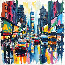 An impressionist painting capturing the essence of a bustling cityscape, filled with vibrant and dynamic colors