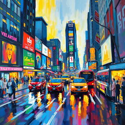 An impressionist painting capturing the essence of a bustling cityscape, filled with vibrant and dynamic colors