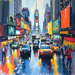 An impressionist painting capturing the essence of a bustling cityscape, filled with vibrant and dynamic colors