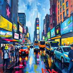 An impressionist painting capturing the essence of a bustling cityscape, filled with vibrant and dynamic colors