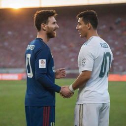 Lionel Messi and Cristiano Ronaldo sharing an amicable moment on a football pitch with a sunset in the backdrop.