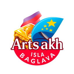 A vibrant and modern logo for "Artsakh Baglava" featuring a beautifully detailed image of baklava with its golden layers and glossy syrup