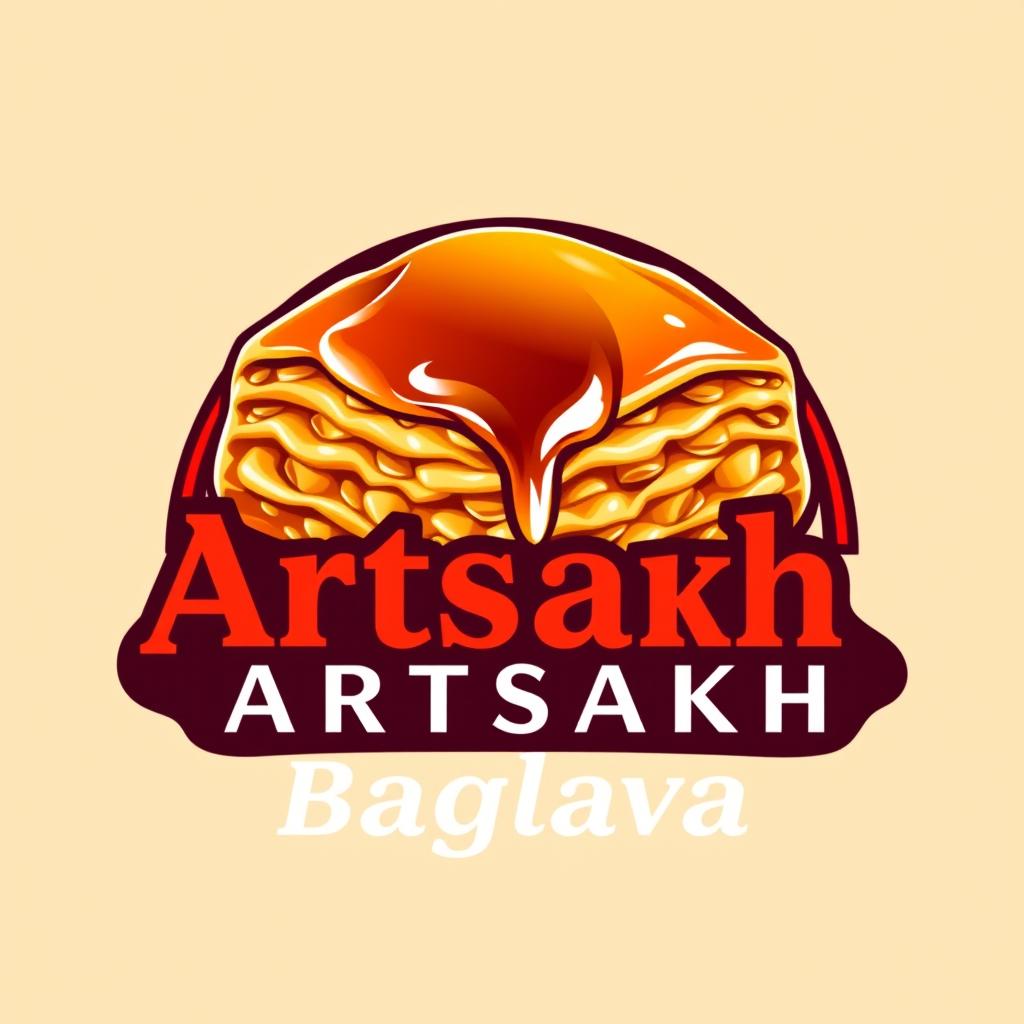 A vibrant and modern logo for "Artsakh Baglava" featuring a beautifully detailed image of baklava with its golden layers and glossy syrup