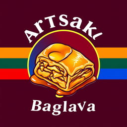 A vibrant and modern logo for "Artsakh Baglava" featuring a beautifully detailed image of baklava with its golden layers and glossy syrup