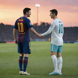 Lionel Messi and Cristiano Ronaldo sharing an amicable moment on a football pitch with a sunset in the backdrop.