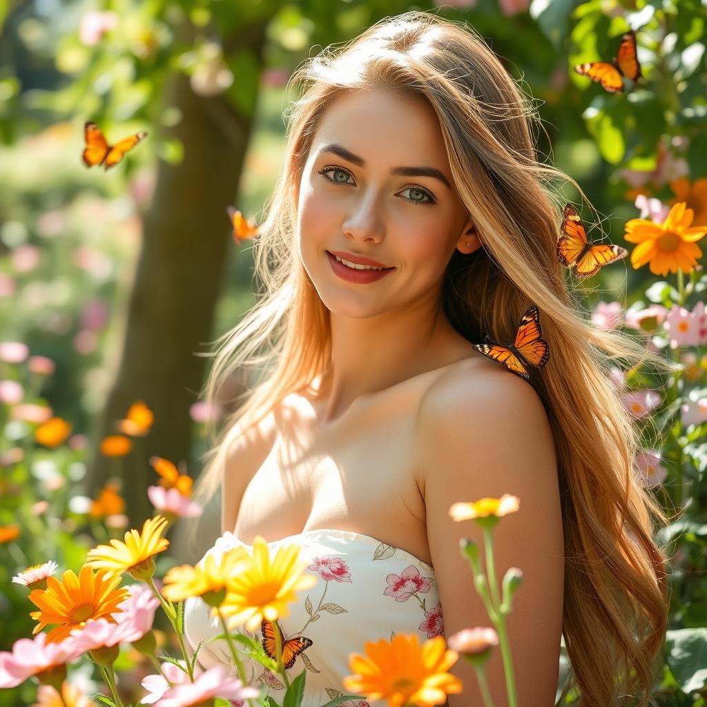 A beautiful young lady with long flowing hair, posing gracefully in a serene garden filled with blooming flowers