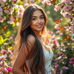 A beautiful young lady with long flowing hair, posing gracefully in a serene garden filled with blooming flowers